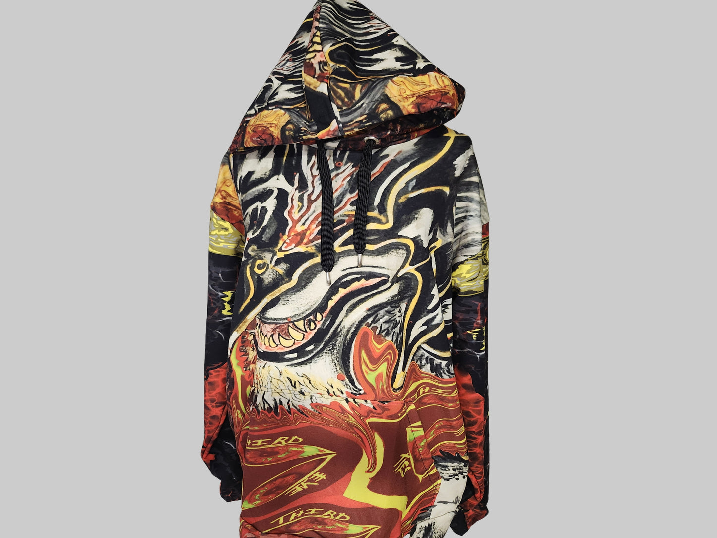 Colorful hoodie with graphic design on a gray background