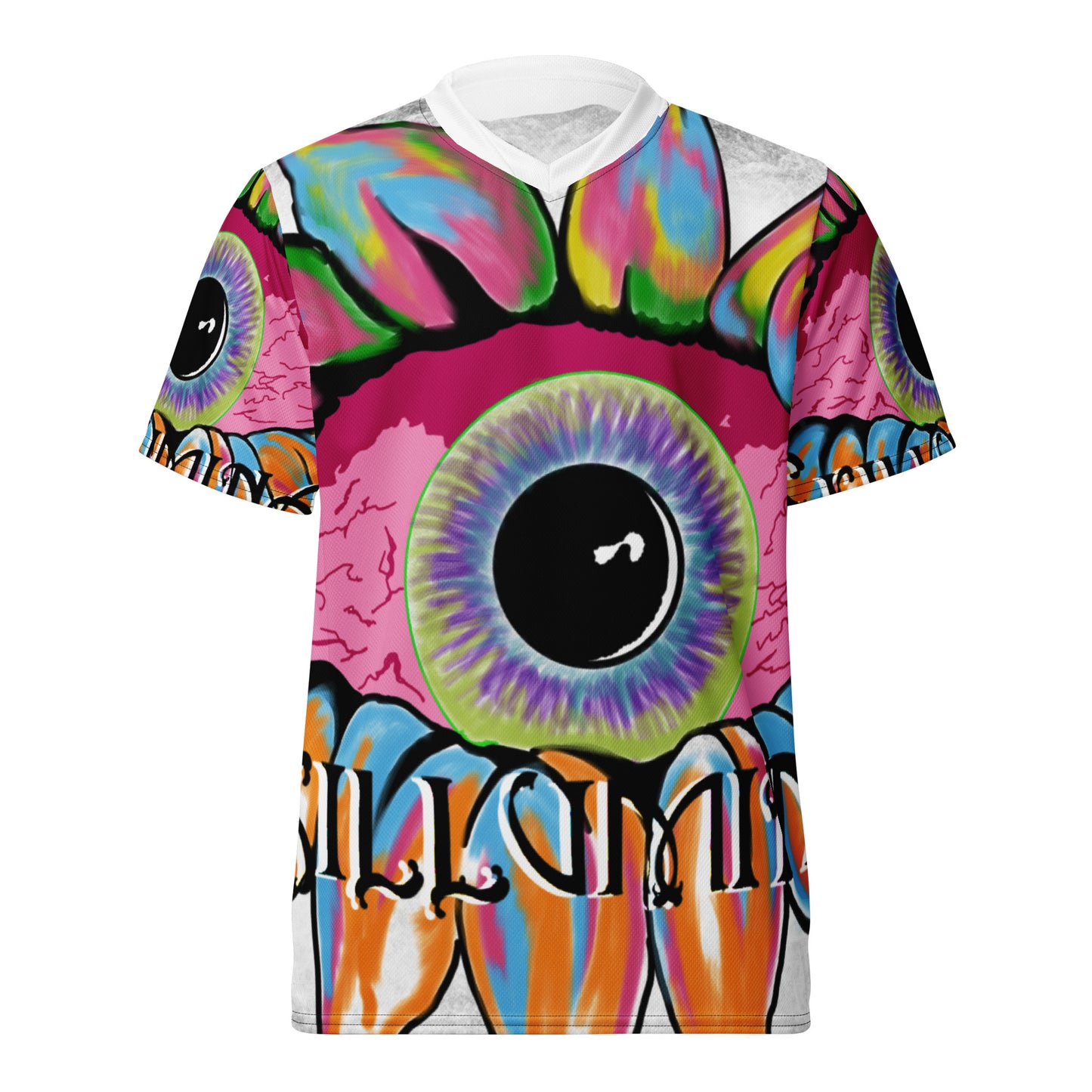 sports jersey, eyball, abstract, artistic, polyester, cotton, short sleeve, v neck