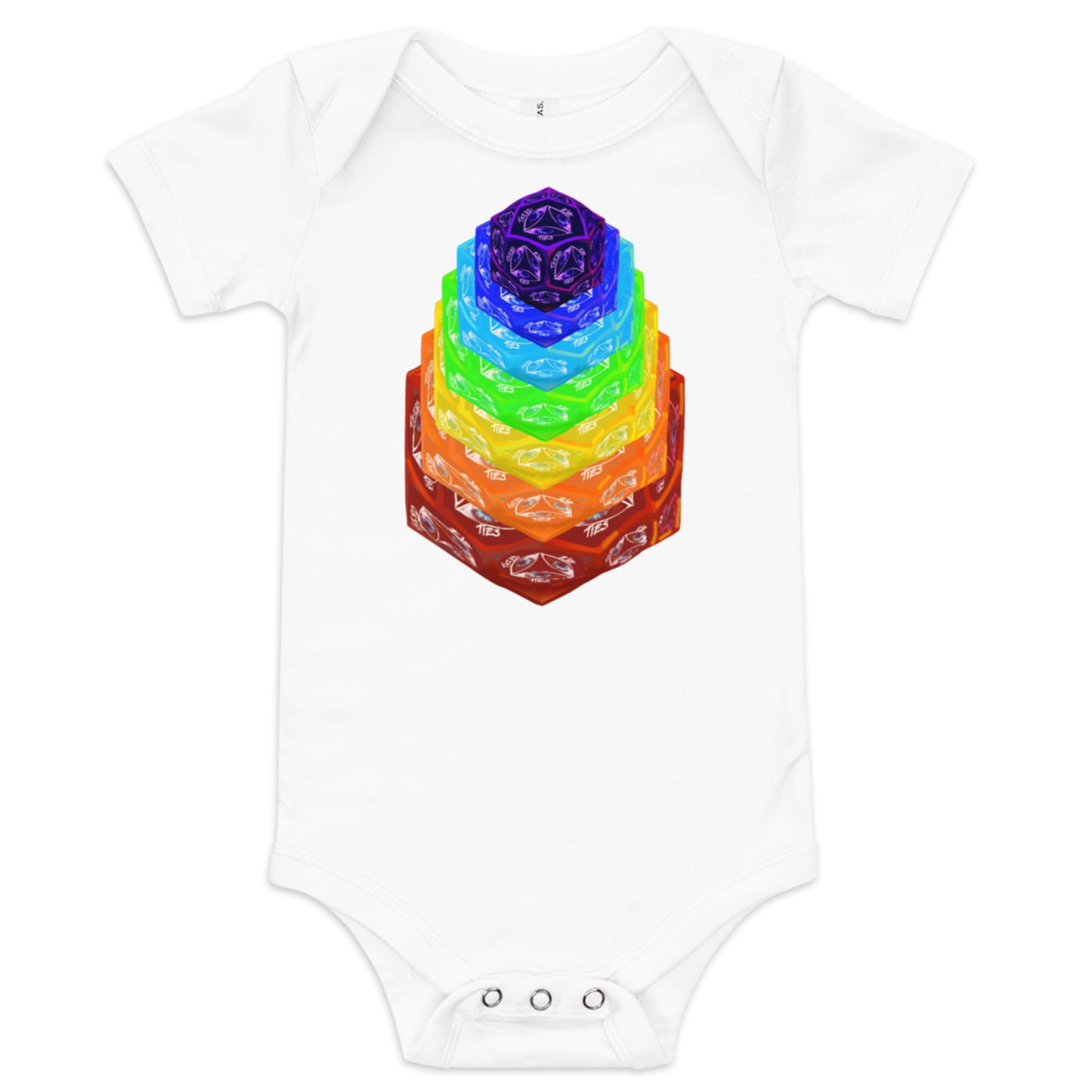 white infant one piece, chakras, artistic, short sleeve, cotton, button bottom