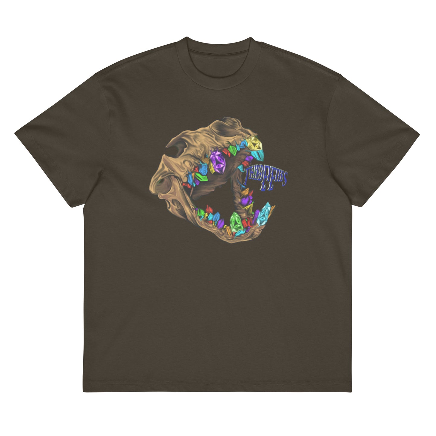 Brown t-shirt with a colorful graphic design on a white background