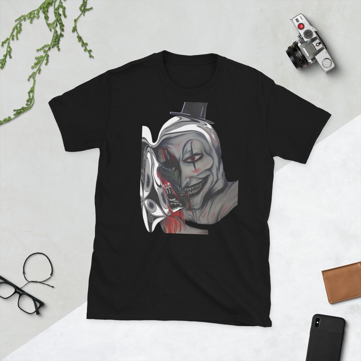 Black t-shirt with short sleeve, crew cut cotton with clown artwork