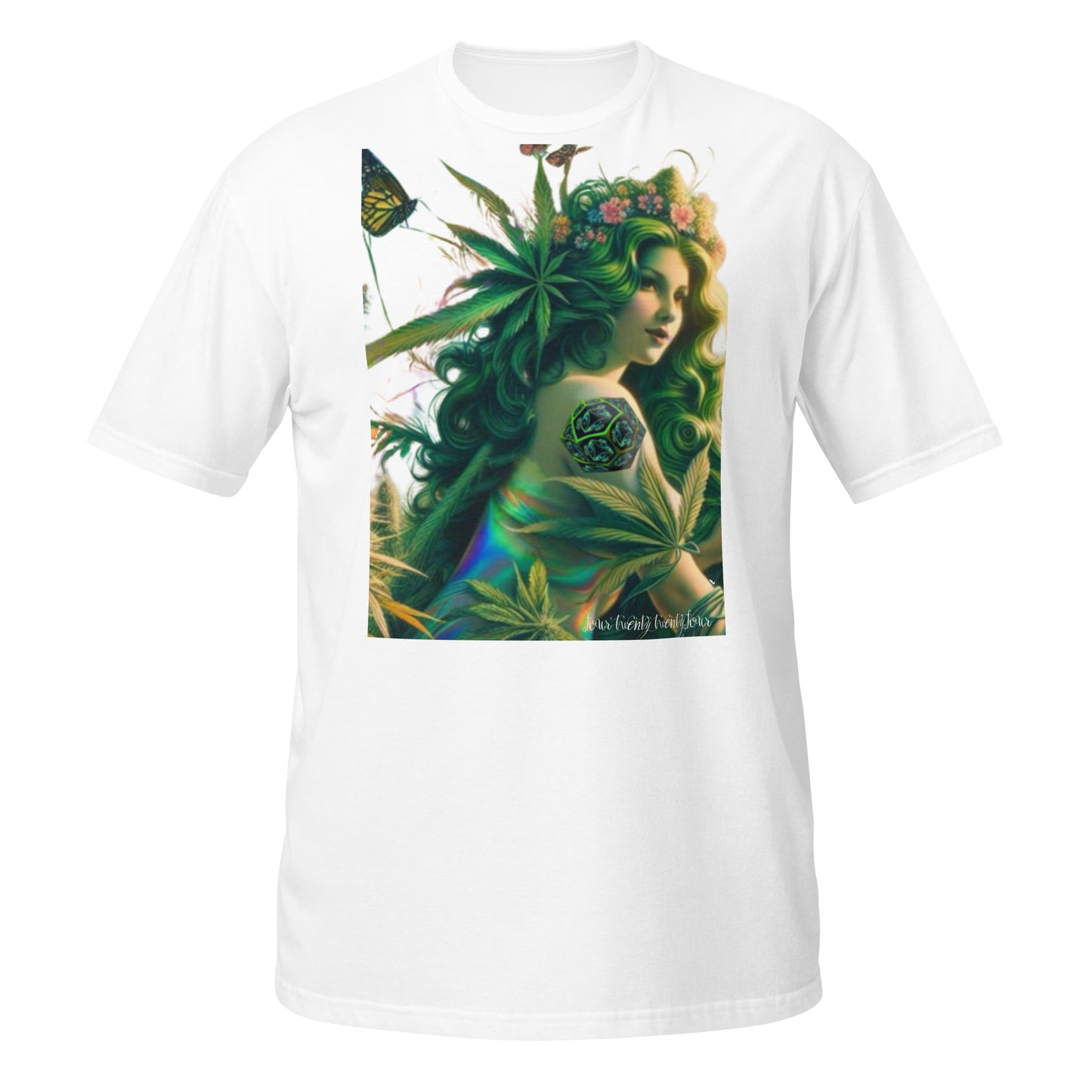 white t-shirt, marijuana woman, artistic, short sleeve, crew cut