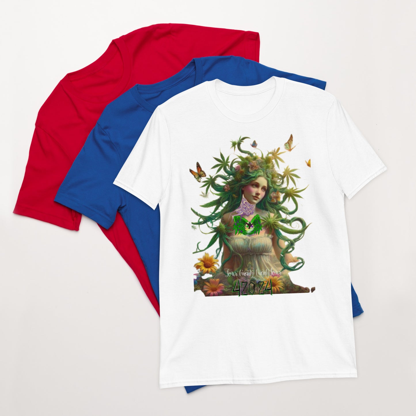 white t-shirt, marijuana woman, short sleeve, crew cut, cotton