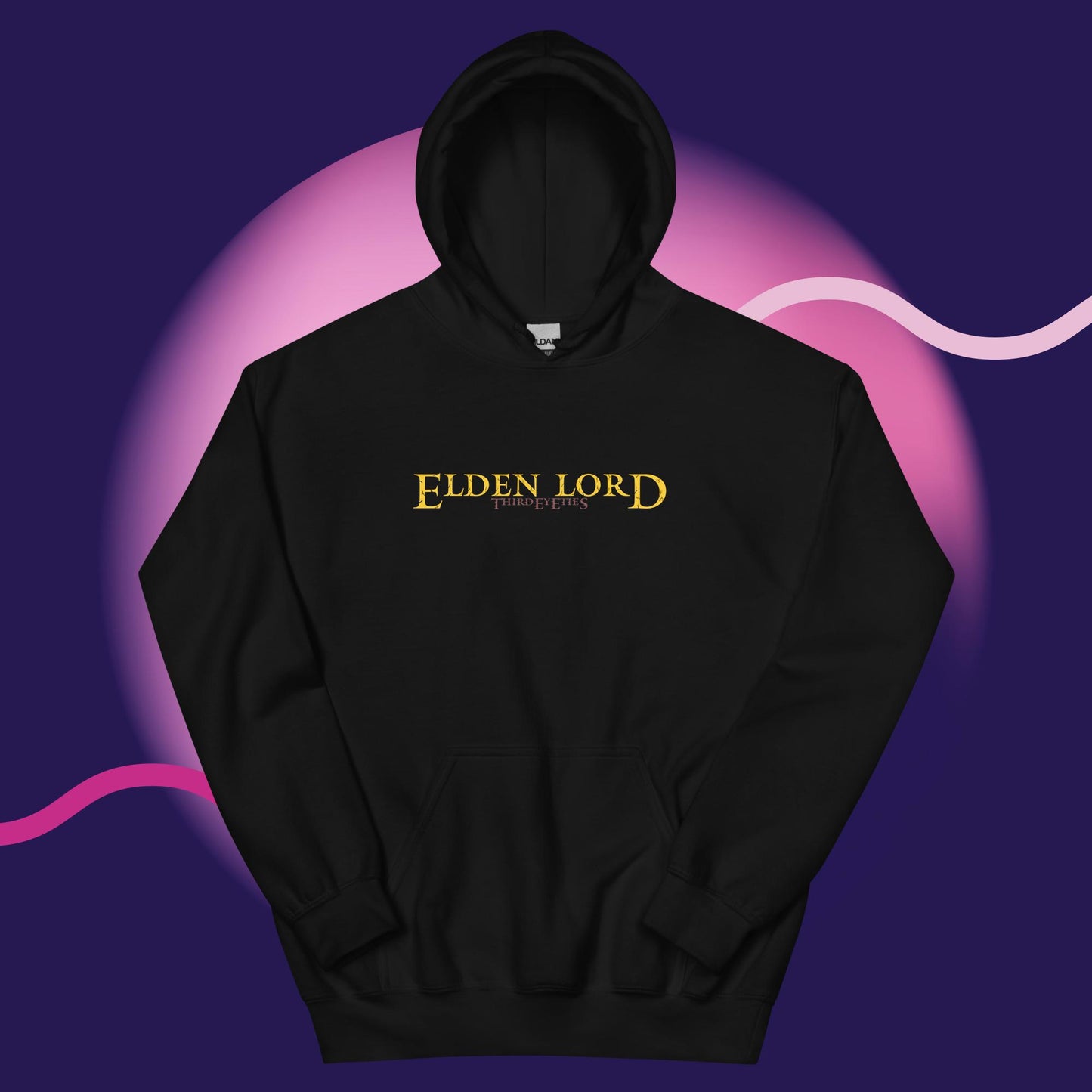 Black hoodie with 'Elden Lord' text on a purple and pink gradient background