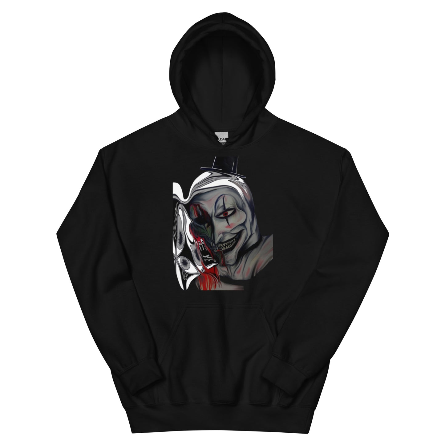 Black cotton hoodie, pull over long sleeve, with clown artwork