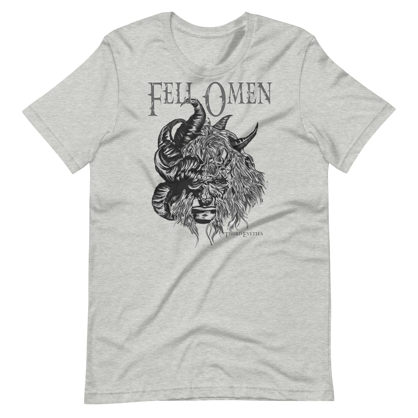 Gray t-shirt with a graphic of a horned creature and 'Fell Omen' text on a white background