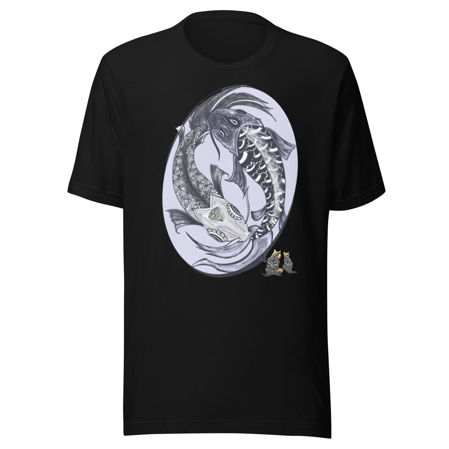 black t-shirt, koi fish, artistic, crew cut, cotton, short sleeve