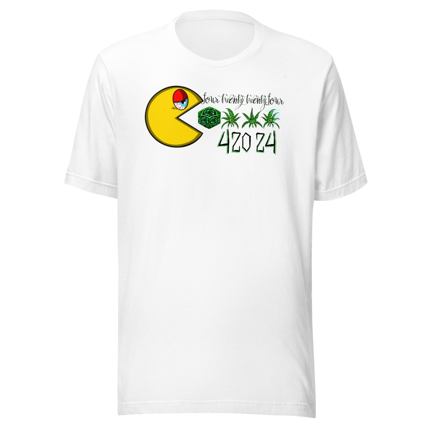white t-shirt, pacman, crew cut, cotton, short sleeve, artistic