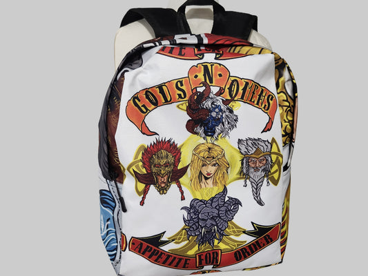 Backpack with colorful graphic design on a gray background