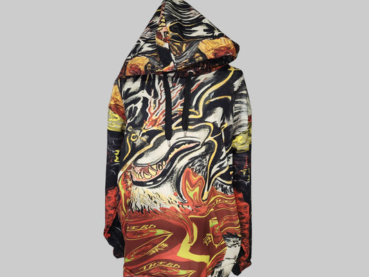 Colorful hoodie with graphic design on a gray background
