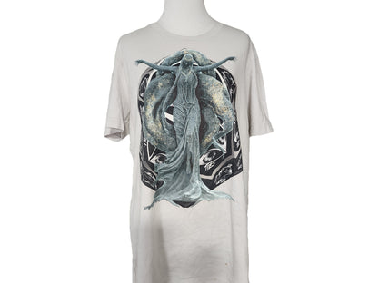 White t-shirt with a graphic design on a mannequin against a white background