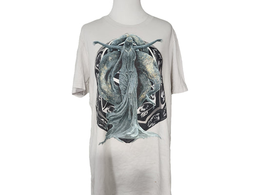 White t-shirt with a graphic design on a mannequin against a white background
