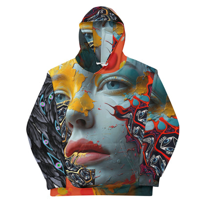 multicolor hoodie, woman face, artistic, abstract, cotton, pull over, long sleeve