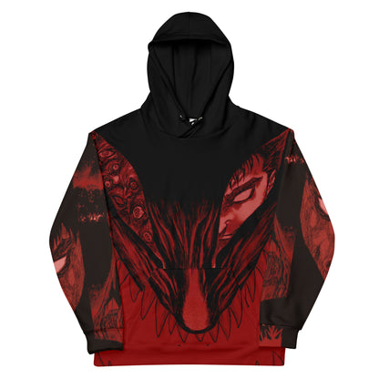black and red hoodie, berserk, artistic, cotton, pull over, long sleeve