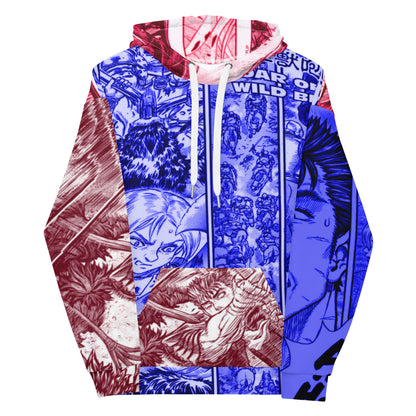 blue and red hoodie, Berserk, artistic, pull over, long sleeve, cotton