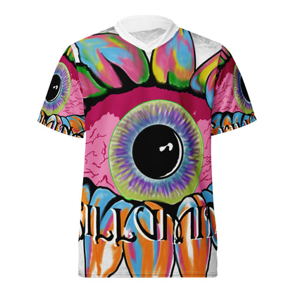 sports jersey, eyball, abstract, artistic, polyester, cotton, short sleeve, v neck