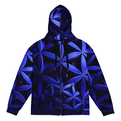 blue hoodie, flower of life, artistic, zip up, cotton, long sleeve