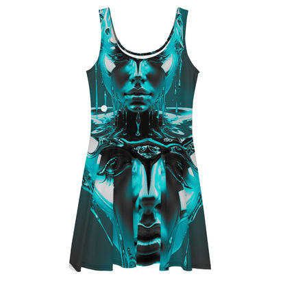 Blue skater dress, abstract woman, artistic, short sleeve, tank, multi size, polyester, spandex, pull over
