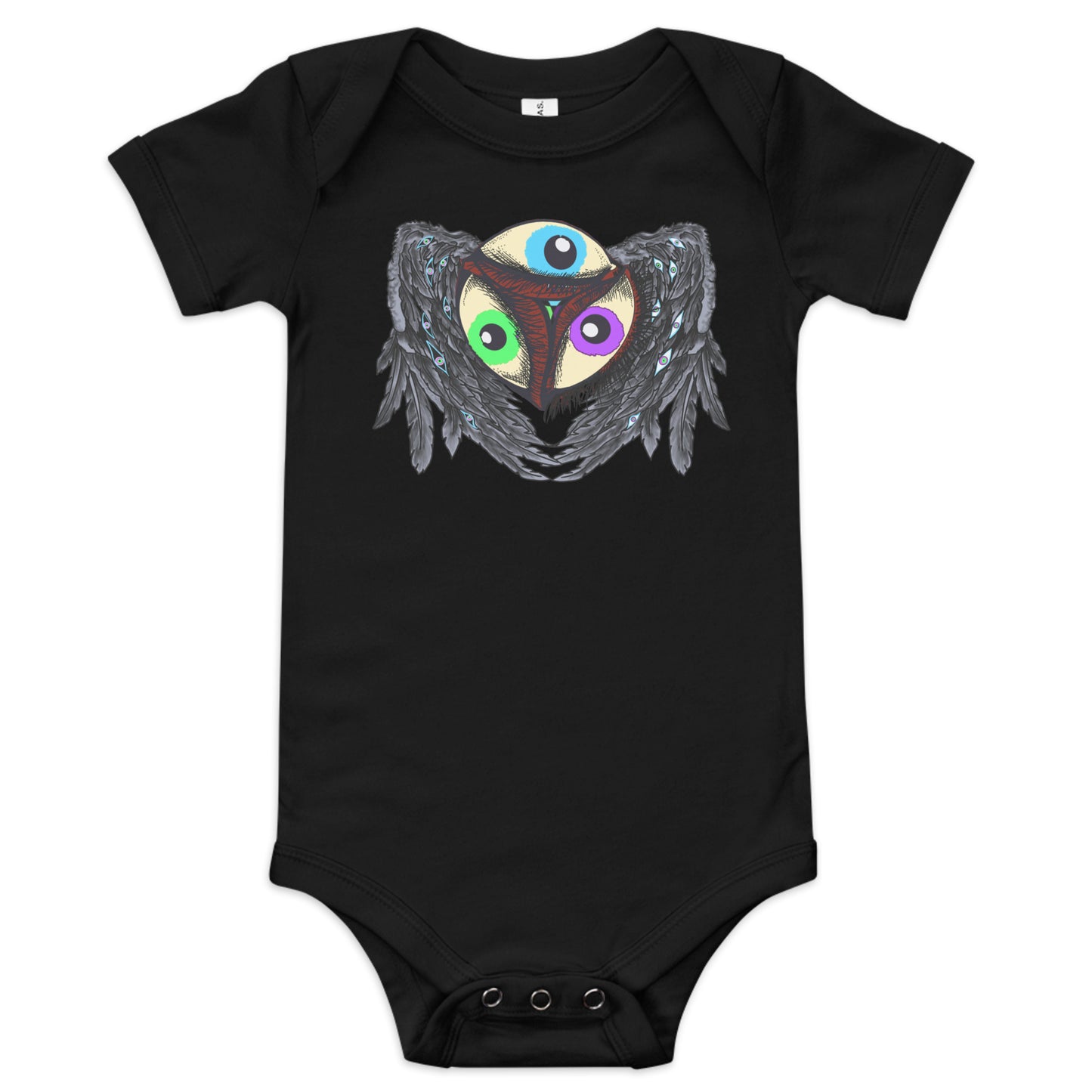 black infant one piece, short sleeve, button bottom, artistic, eyeball wings