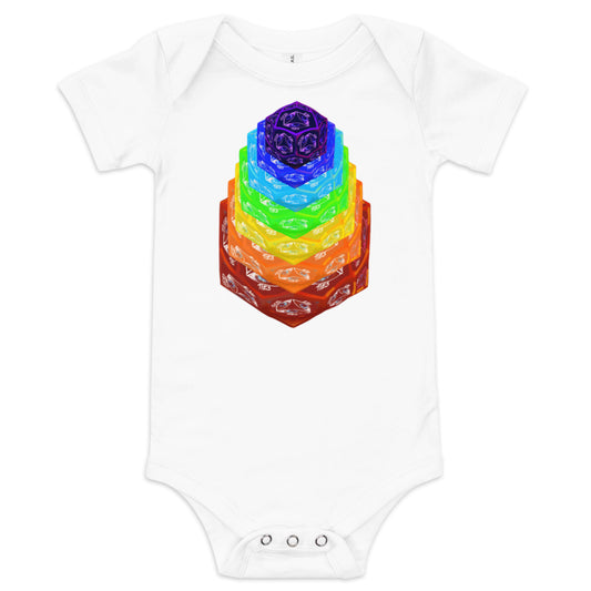 white infant one piece, chakras, artistic, short sleeve, cotton, button bottom