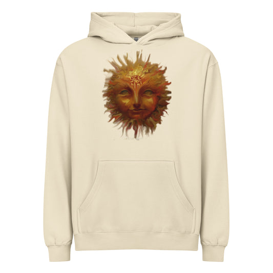 A cream-colored pullover hoodie featuring a central graphic print of a sun face with a crown, rendered in warm orange, brown, and gold tones.