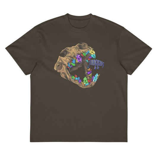 Brown t-shirt with a colorful graphic design on a white background