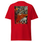 red t-shirt with artwork on front crew cotton