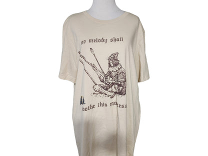 Beige t-shirt with graphic design and text on a white background