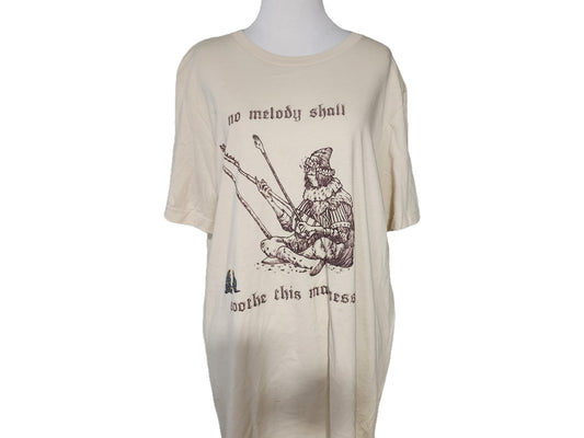 Beige t-shirt with graphic design and text on a white background