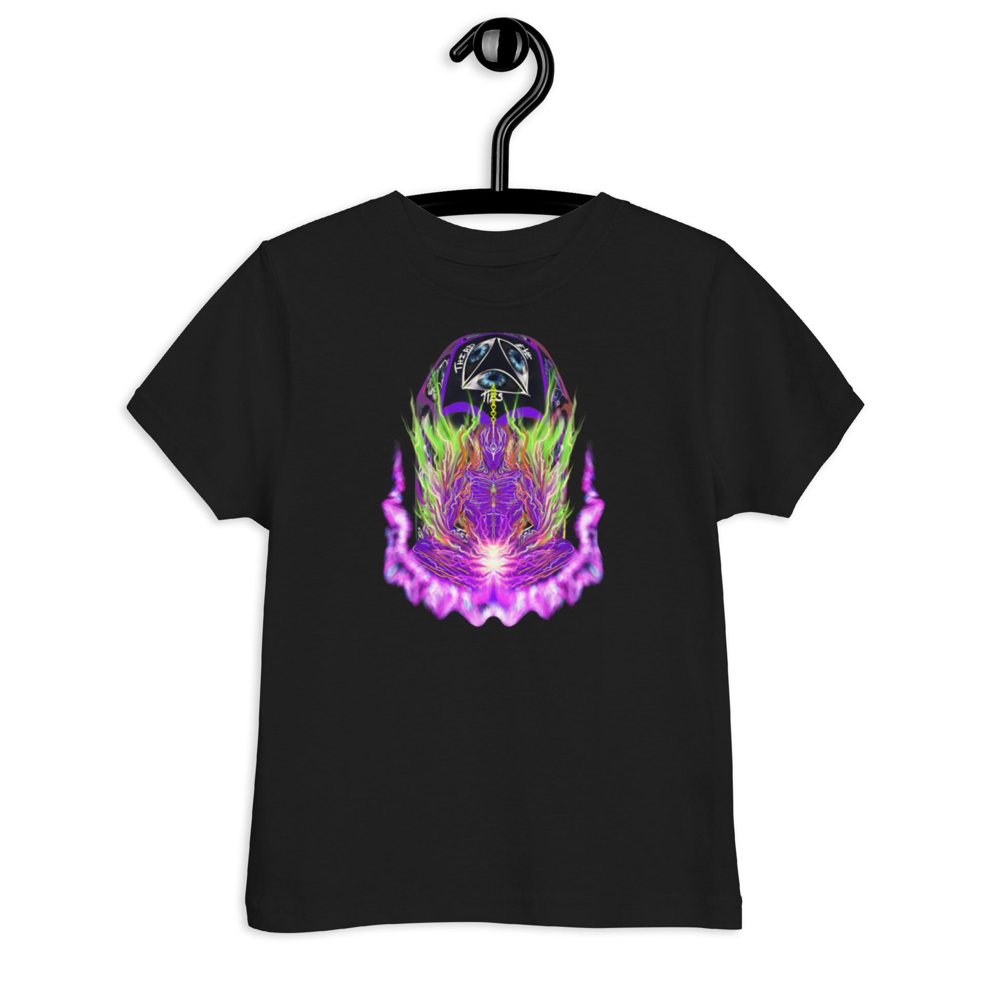 Black t-shirt with a colorful graphic design on a white background