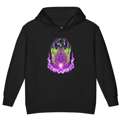 Black hoodie with a colorful graphic design on a white background