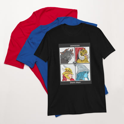 black t-shirt with artwork of demigods on an album cotton crew neck