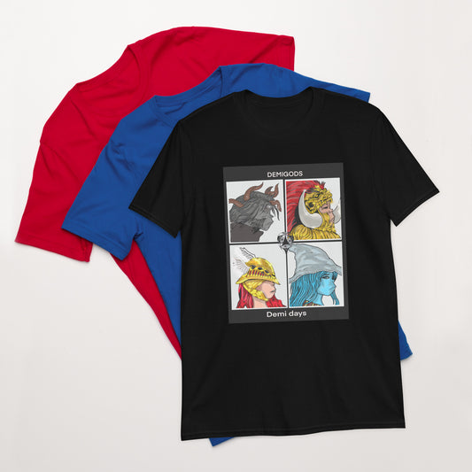 black t-shirt with artwork of demigods on an album cotton crew neck