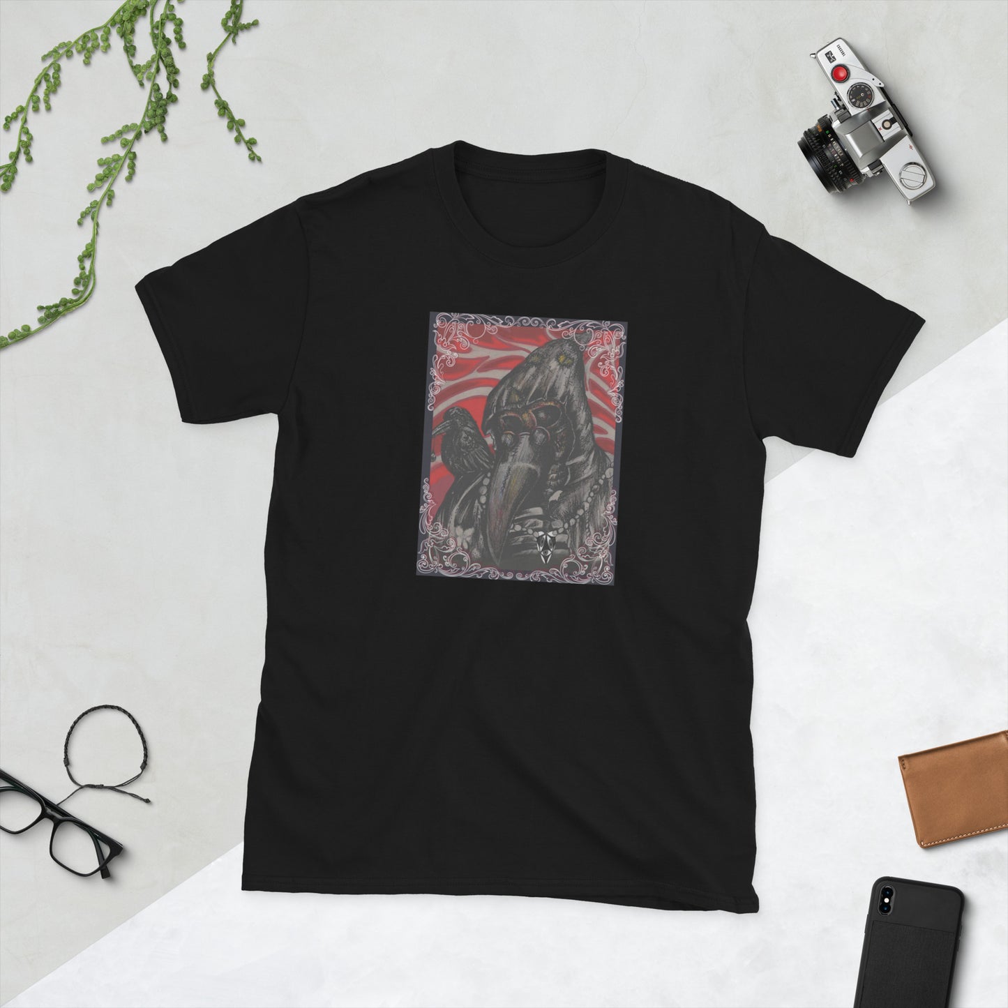 black t-shirt with artwork of a plauge doctor on the front cotton crew neck
