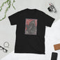 black t-shirt with artwork of a plauge doctor on the front cotton crew neck