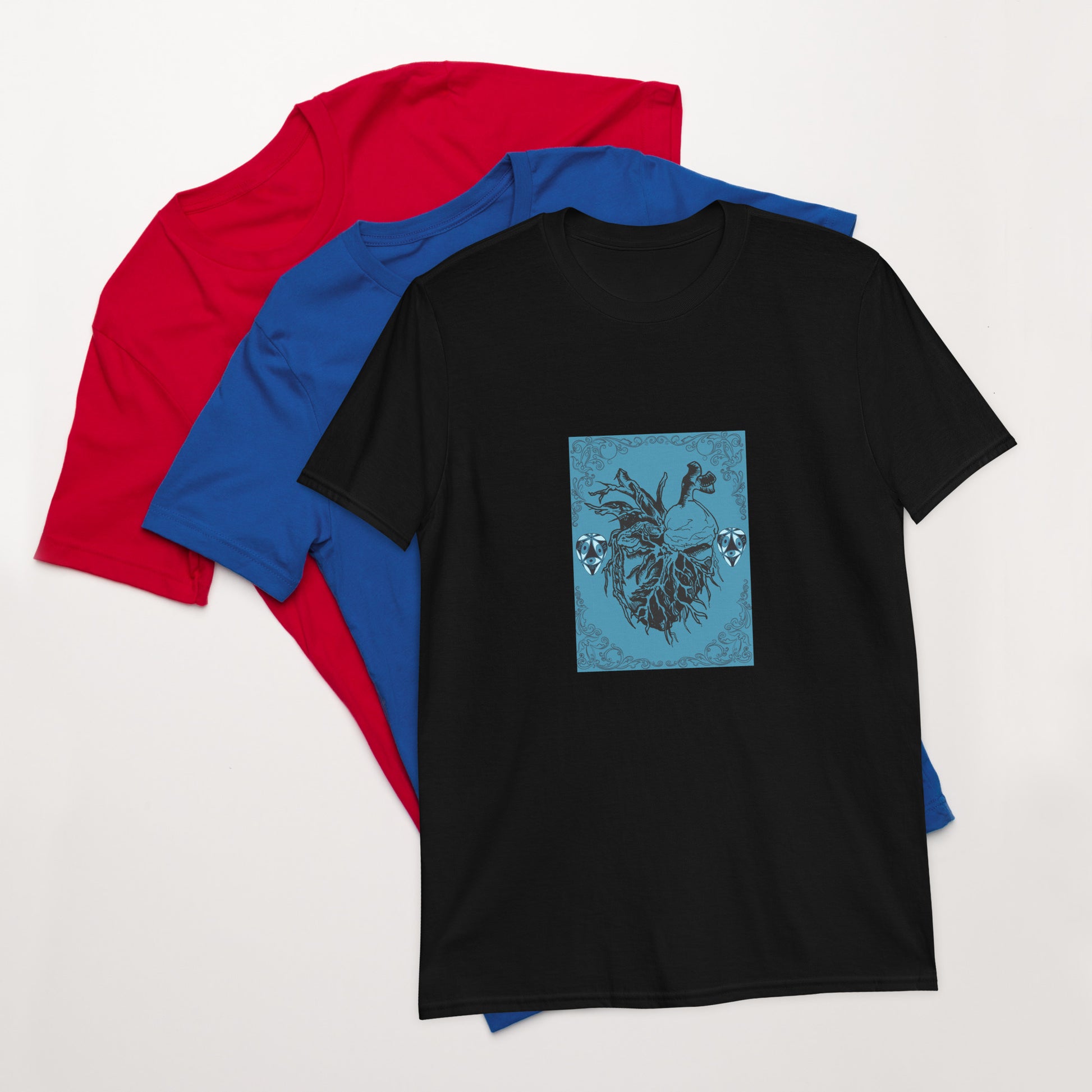 black t-shirt with artwork of a heart on the front cotton crew neck
