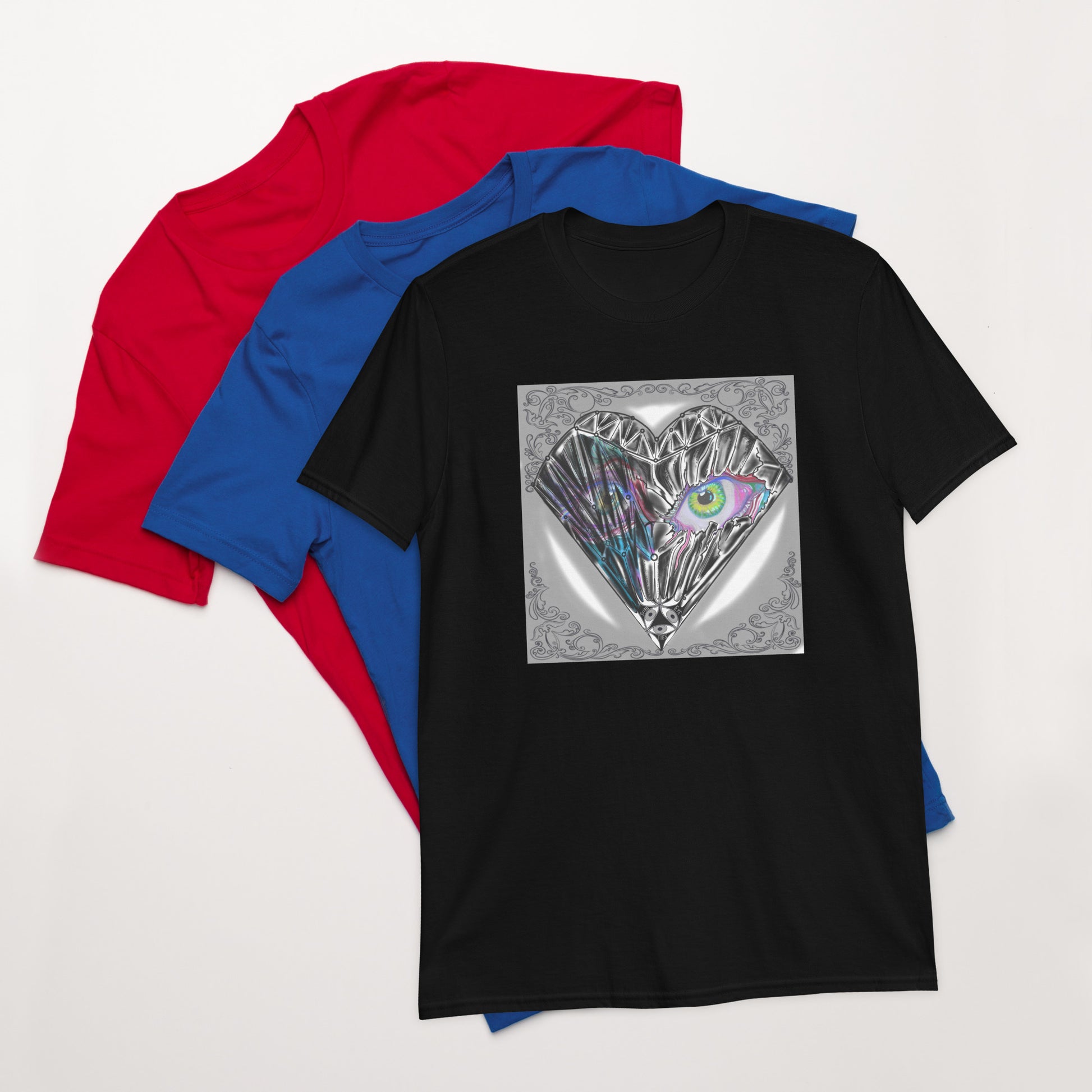 black t-shirt with artwork of a diamond heart cotton crew cut
