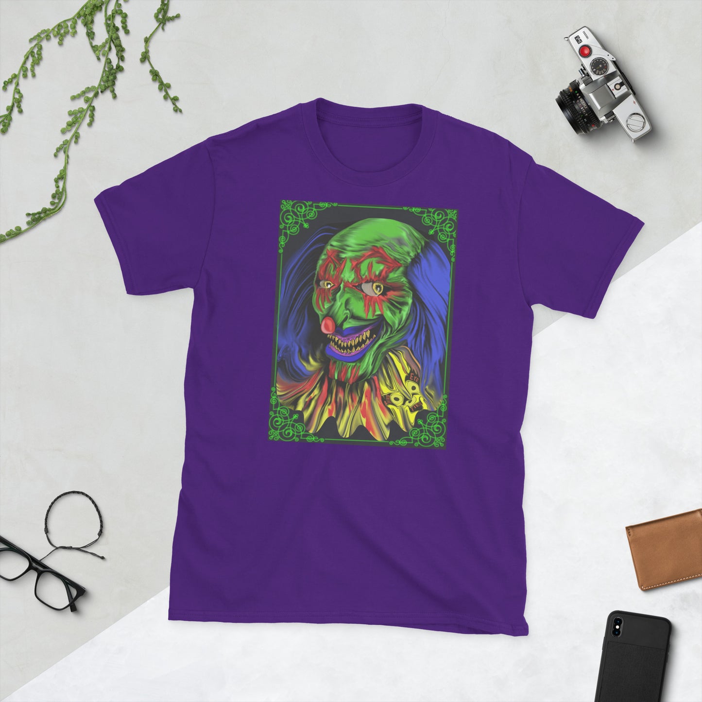 purple t-shirt short sleeve, cotton with clown art on the front