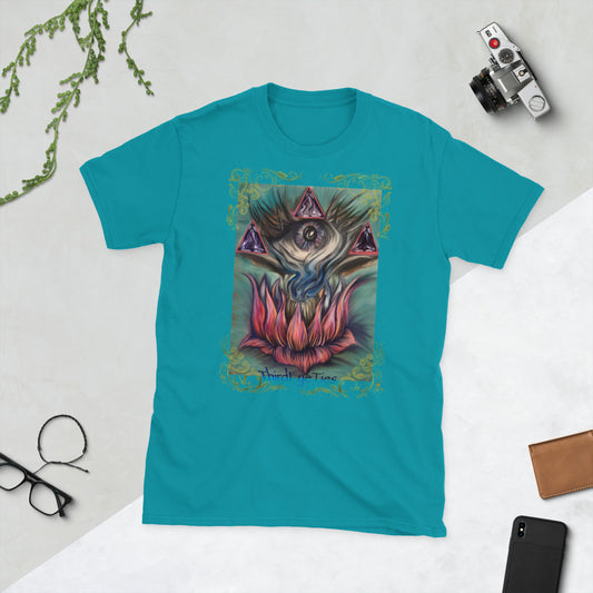 Teal t-shirt with a graphic design on a light gray surface with a phone, wallet, and glasses.