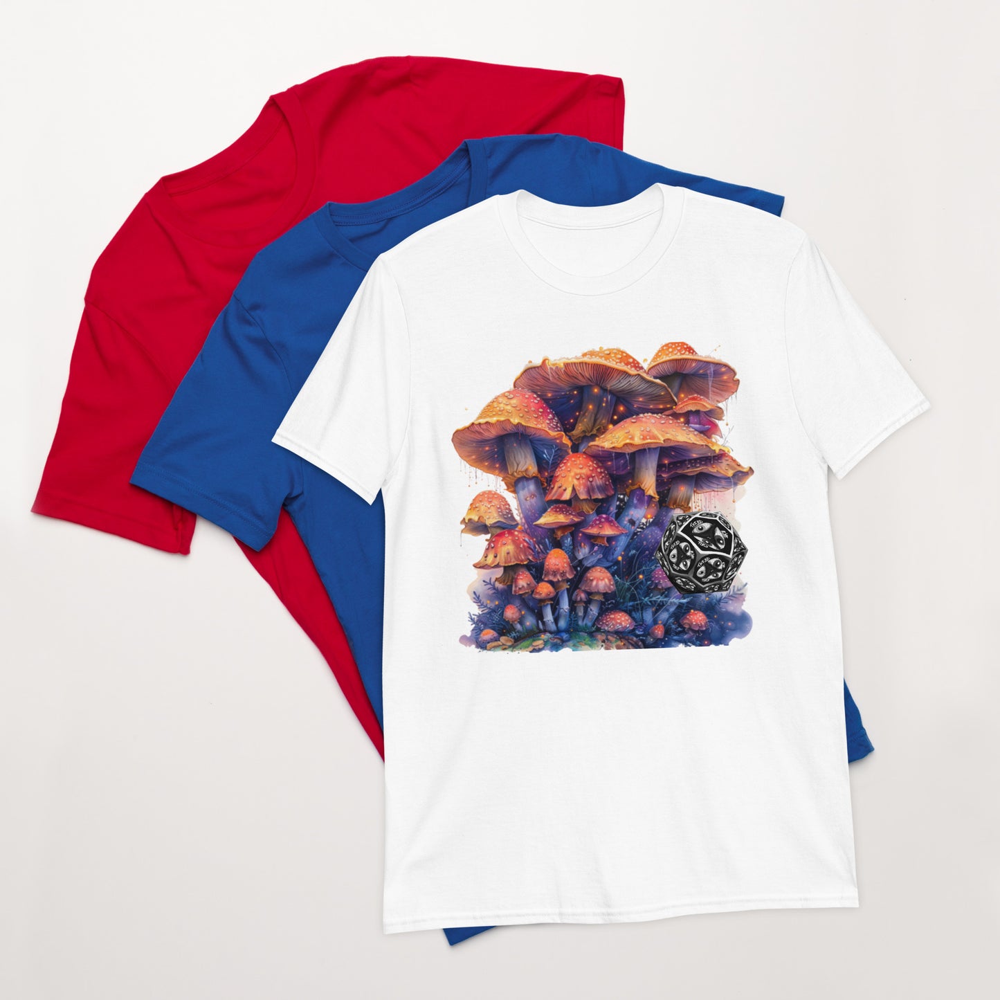 white t-shirt with mushrooms on the front cotton crew neck