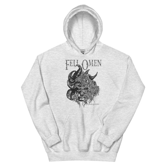 Gray hoodie with a graphic design and text on a white background