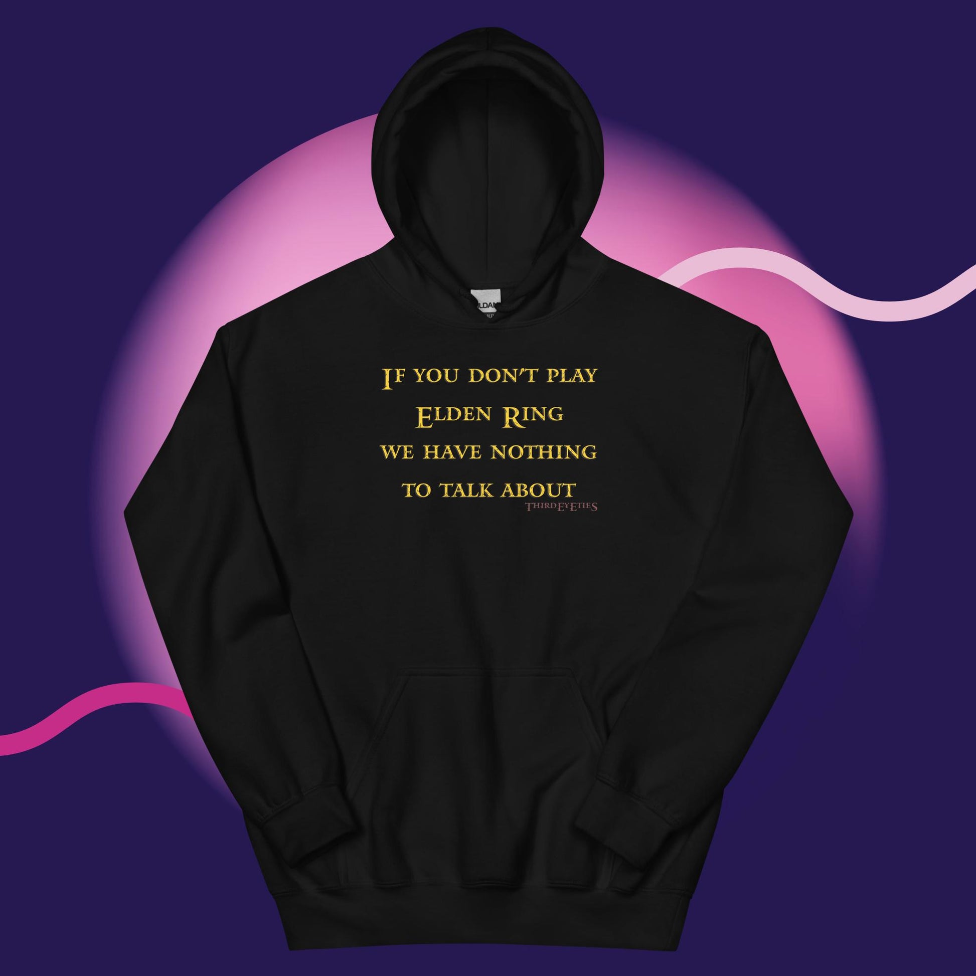 Black hoodie with gold text on a purple background