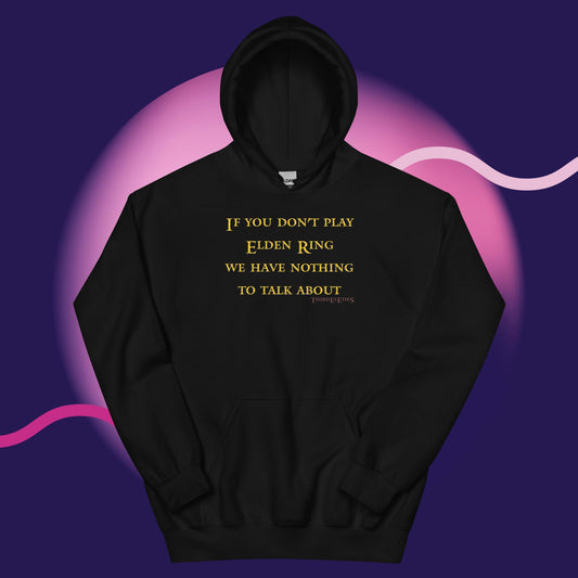 Black hoodie with gold text on a purple background