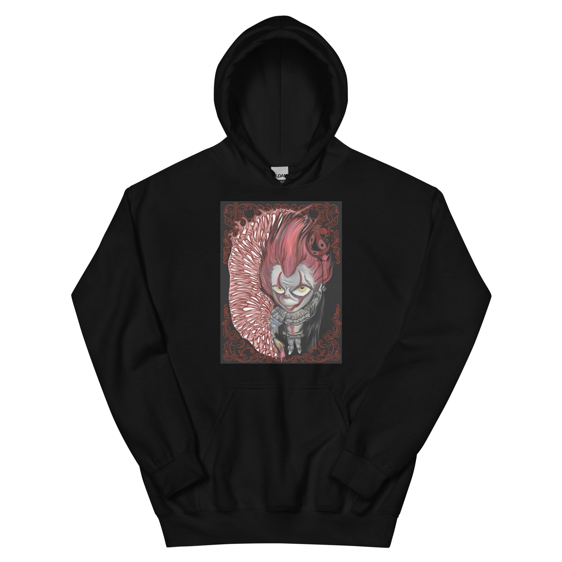 black pull over hoodie, cotton with pennywise art on front