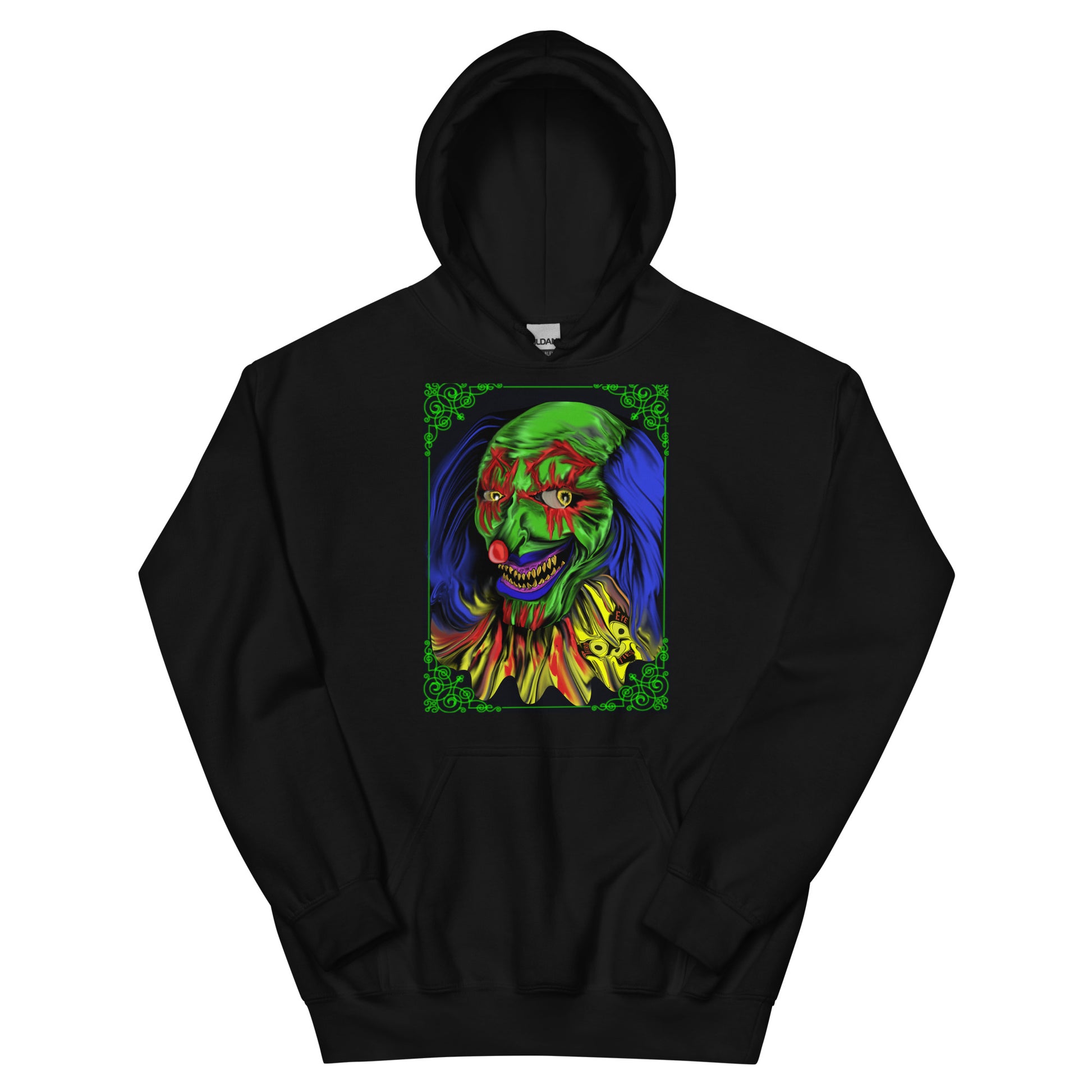 Black hoodie with a colorful graphic design on a white background