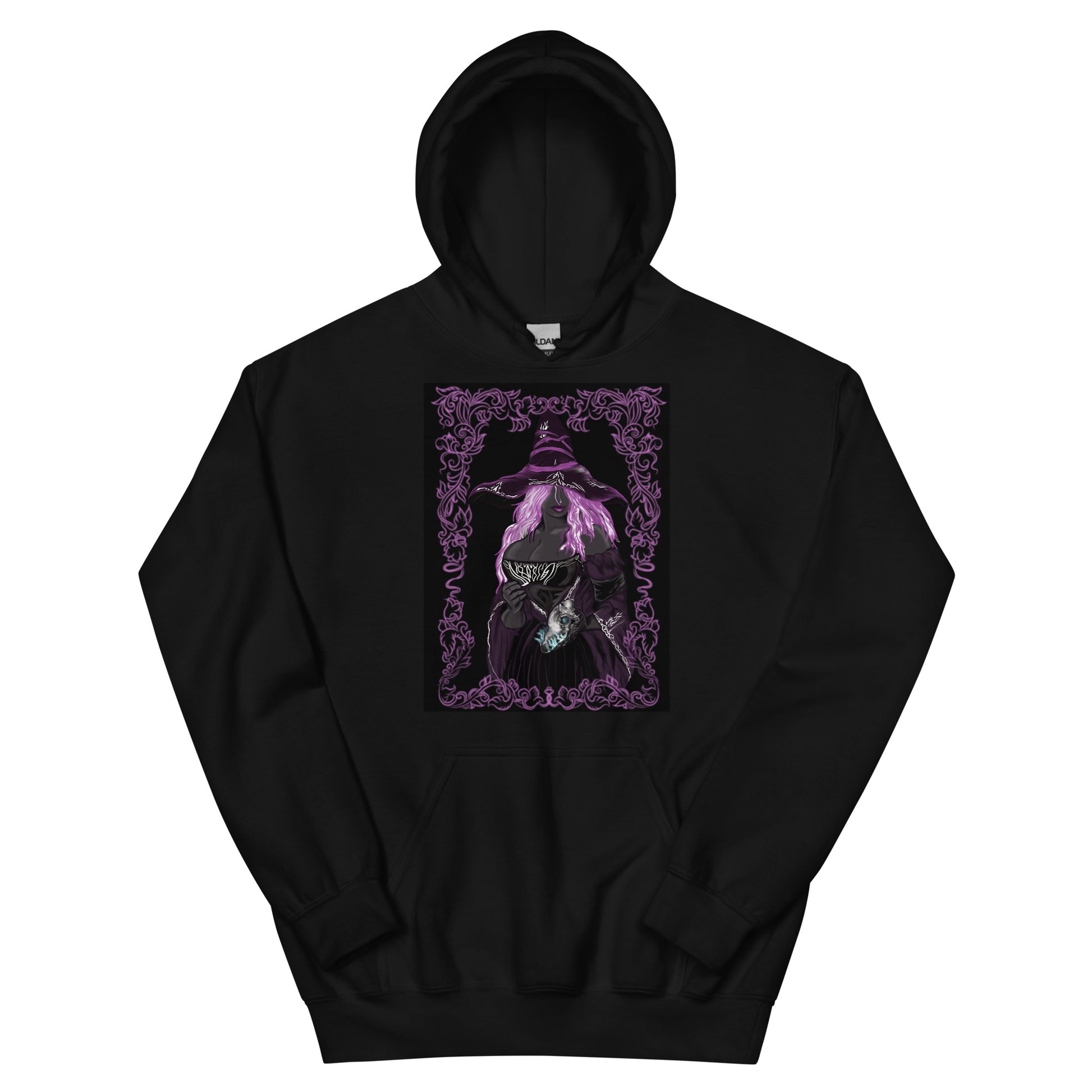 Black hoodie pull over style made with cotton with elden ring fan art on the front 