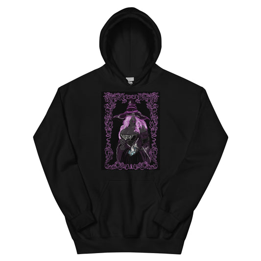 Black hoodie pull over style made with cotton with elden ring fan art on the front 