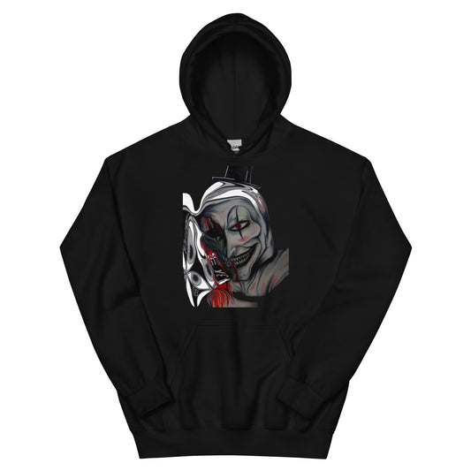 Black cotton hoodie, pull over long sleeve, with clown artwork