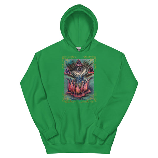 Green hoodie with a colorful graphic design on a white background