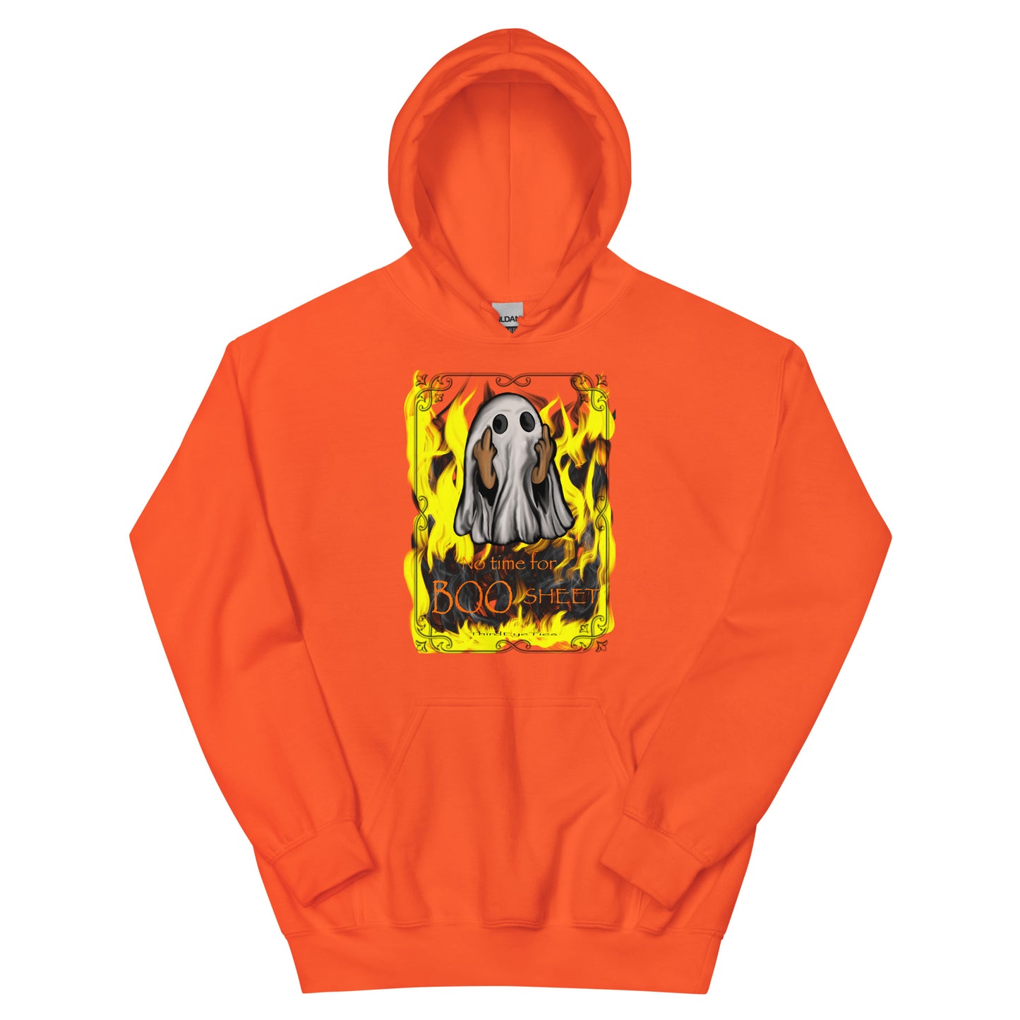 Orange pull over hoodie long sleeve, cotton with a ghost on the front